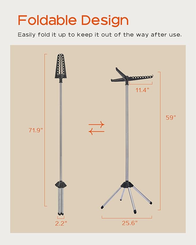 Clothes Drying Rack Foldable, 59 inch Tripod Laundry Drying Rack Indoor with Rotating Clothes Rail for 27 Pieces of Clothes, Space Saving, Stainless Steel, Black and Silver CDR001B01