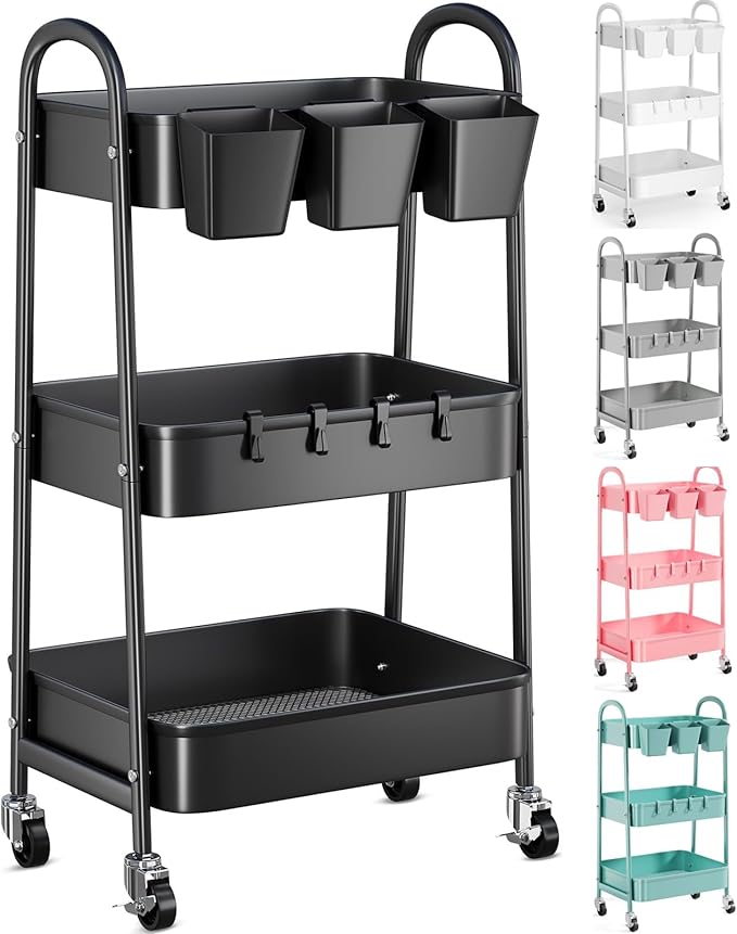 3 Tier Metal Rolling Cart with Lockable Wheels, Black Three Tiered Utility Storage Organizer Carts on Wheels for Bathroom, Kitchen, Laundry, Garage, Office, Craft, Art, Baby, Diaper Caddy, Snack, Book