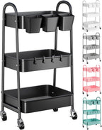 3 Tier Metal Rolling Cart with Lockable Wheels, Black Three Tiered Utility Storage Organizer Carts on Wheels for Bathroom, Kitchen, Laundry, Garage, Office, Craft, Art, Baby, Diaper Caddy, Snack, Book