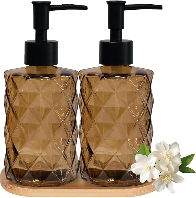 Glass Hand and Dish Soap Dispenser Set of 2 with Plastic Pumps, Bamboo Tray, 12oz Brown Bathroom Soap Dispenser with Diamond for Hand Wash & Dish Wash, Ideal for Bathroom Kitchen Countertop