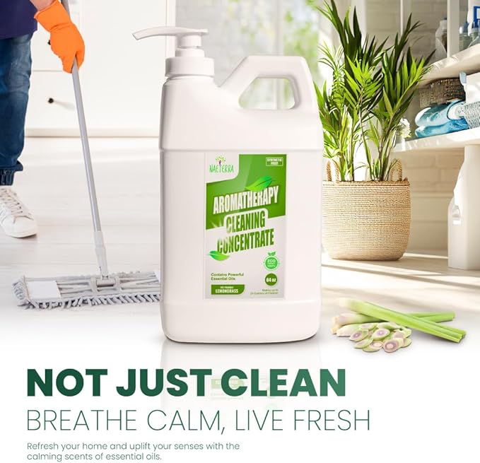 Naeterra Aromatherapy Lemongrass Cleaning Concentrate, 64 oz Natural Multi-Surface Cleaner and Deodorizer, Safe for Pets, Home, Pet Areas, and Auto Household Essential Oil Cleaner (Pack of 1)