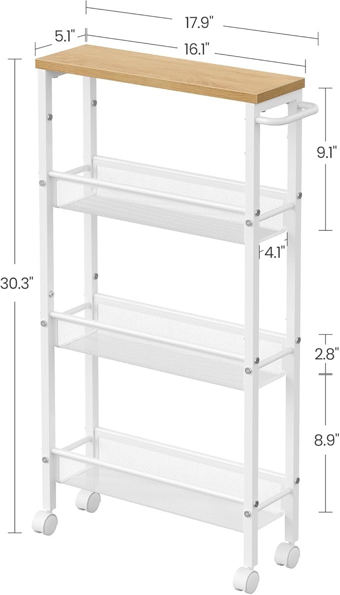 VASAGLE Slim Rolling Cart, 4-Tier Storage Cart, Narrow Cart with Handle, 5.1 Inches Deep, Metal Frame, for Kitchen, Dining Room, Living Room, Home Office, Oak Beige and Classic White ULRC032W09