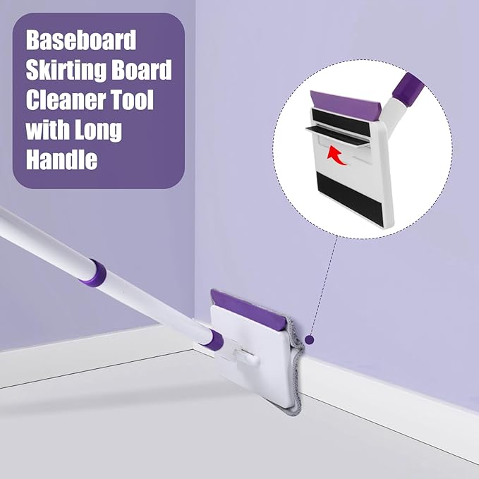 Baseboard Cleaner Tool with Handle, 60" Extendable Long Handle Baseboard Cleaner with 5 Reusable Pads for Baseboards Cleaning, Ceiling, Wall, Floor, Bathroom Kitchen