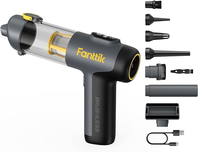 Fanttik Slim V9 Mix Car Vacuum, 4 in 1 Handheld Air Duster, 12000PA Suction Power with Smart LED Display, Cordless Portable Mini Keyboard Vacuum for Car Interior, Office Desk