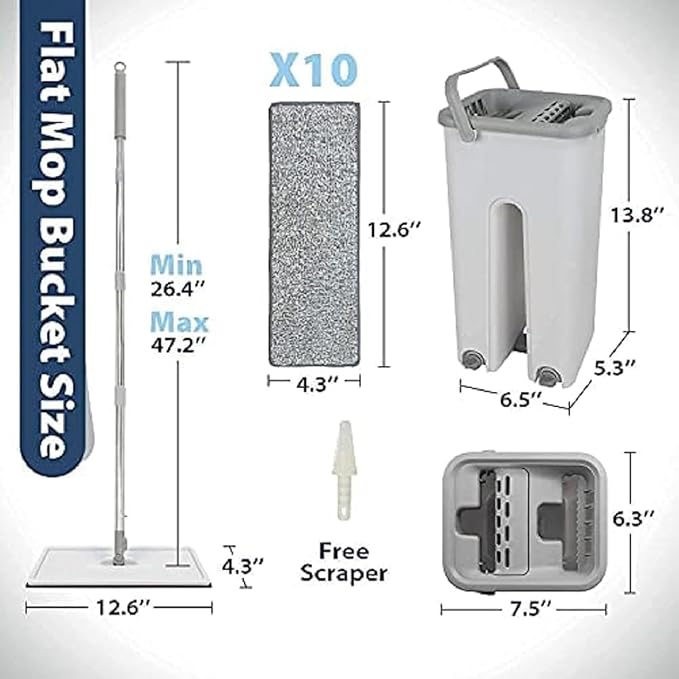 Heavy Quality Floor Mop with Bucket, Flexible Kitchen Tap Flat Squeeze Cleaning Supplies, 360° Flexible Quiet, 2 Reusable Pads, Microfiber, Adjustment Office Mop (Multicolour)