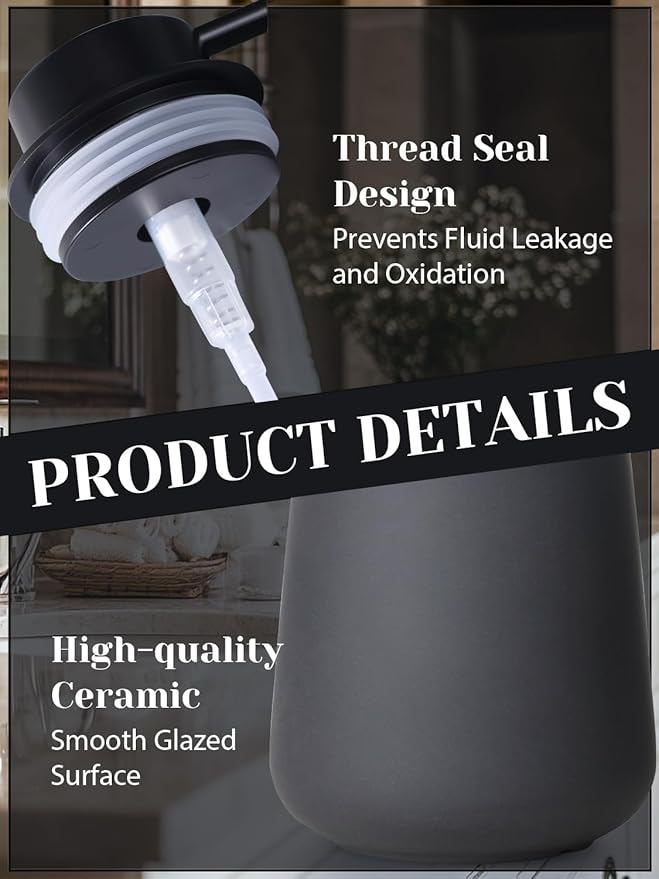 INGOFIN Ceramic Lotion Dispenser - 12oz Refillable Hand Soap Dispenser Bathroom, Modern Liquid Soap Dispenser with Pump, Dish Dispenser for Kitchen, Matte Grey