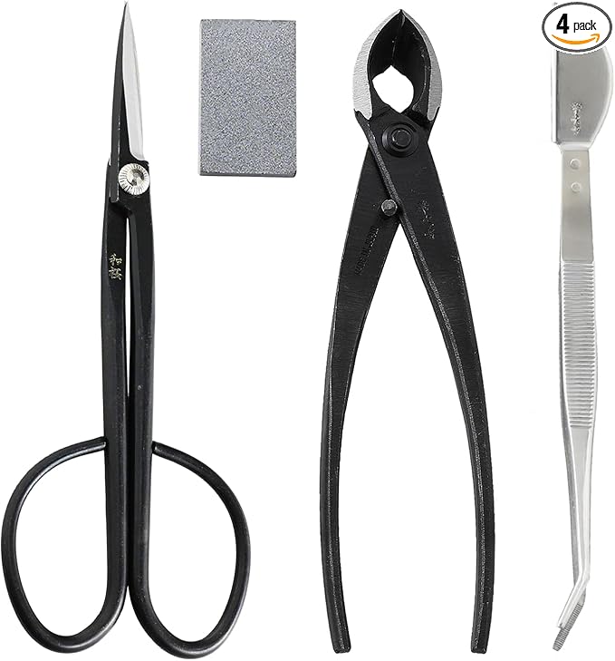 Wazakura 4PCS Bonsai Essential Tool Kit MADE IN JAPAN, Yasugi Steel Twig Bonsai Scissors + Concave Branch Cutter 8in (200mm) + Stainless Tweezers + Sap Eraser Set