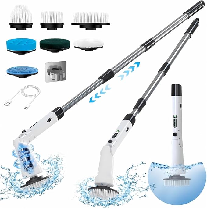 Electric Spin Scrubber, Hillyfe Power Shower Cleaning Brush with 7 Replaceable Brush Heads, IPX7 Waterproof, 2 Speeds (300/400 RPM) Electric Scrubber with Wall Mount Hook for Bathtub, Floor