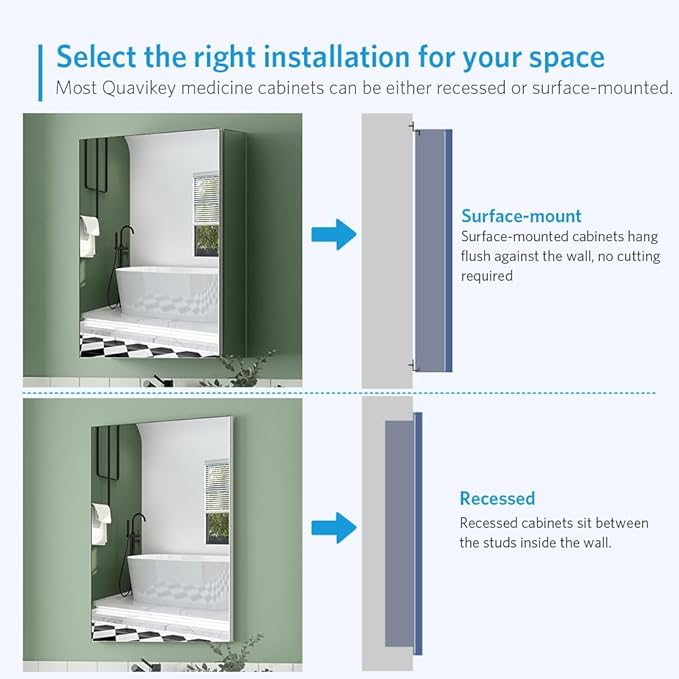 Quavikey Bathroom Medicine Cabinet with Mirror, Aluminum Surface Mount or Recessed Mirror Medicine Cabinet 20x26 Inch, Silver