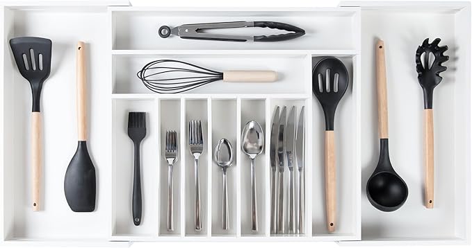 Premium Silverware, Flatware and Utensil Organizer for Kitchen Drawers, Food-Safe Contract Grade, Expandable from 18 to 33 In, White Bamboo
