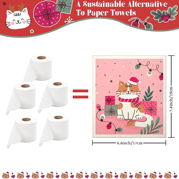 6 Pack Swedish Dishcloths for Kitchen |Watercolor Dish Towels | Reusable Paper Towels Washable | Non-Scratch Cellulose Sponge Cloths | No Odor, Biodegradable, Swedish Cloths, Pink Cat