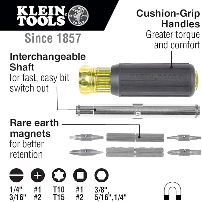 Klein Tools 32500MAG Magnetic Multi-Bit Screwdriver / Nut Driver, 11-in-1 Multi Tool with 8 Bits, 3 Nut Driver Sizes, Cushion Grip Handle