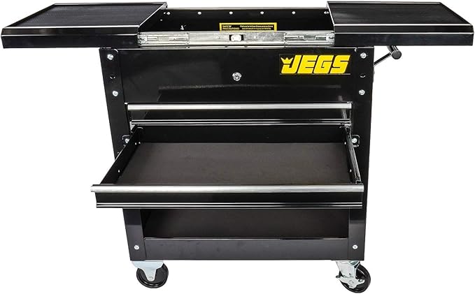 JEGS Heavy-Duty Tool Box Cart | 220 LBS Capacity | Uses Four 4” Caster Wheels | Includes 2 Keyes and 6 Drawer Liners | Black with JEGS Logo | 2 Locking Drawers | Sliding Top