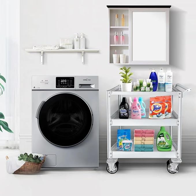 DDJ Stainless Steel Utility Cart on Wheels, 3-Tier 1100 lbs Heavy Duty Tool Cart with Wheels, Commercial Rolling Service Cart for Garage Workshop Warehouse Mechanic Kitchen 18.1" D x 30.7" W x 36.2" H