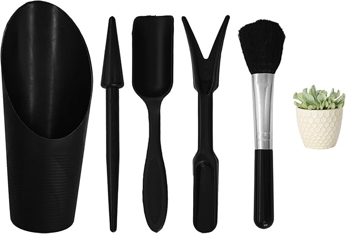 5Pcs Mini Succulent Tools Set, Plastic Garden Hand Tools Kit for Indoor Plant Care, Succulent Bonsai Miniature Garden Tool Set,Small Gardening Tools for Transplanting Digging Planting, Black