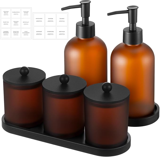 Yaomiao 5 Pack Bathroom Accessories Set, Modern Bathroom Decor Sets, Glass Liquid Soap Dispenser, Vanity Tray, Toothbrush Holder, Cotton Swab Jars with Lids for Sink Countertop(Amber,Frosted)