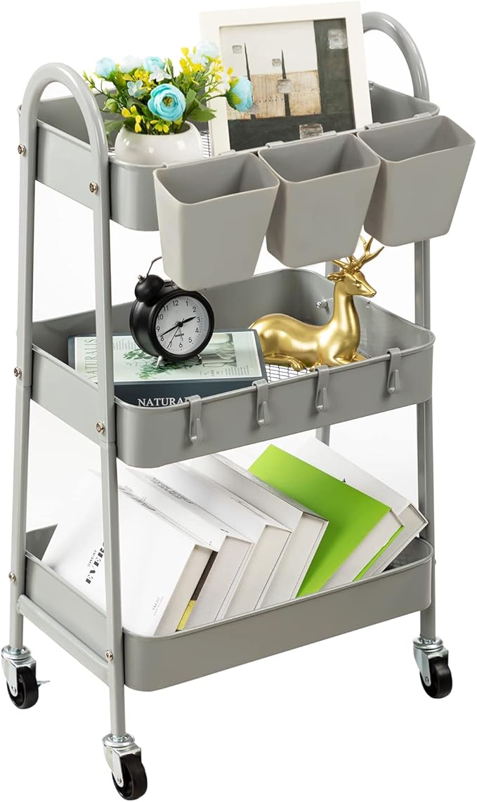 danpinera 3-Tier Rolling Cart, Metal Rolling Storage Cart with Lockable Wheels & Hanging Cups & Hooks, Mobile Trolley Cart for Kitchen, Bathroom, Office, Workshop, Gray