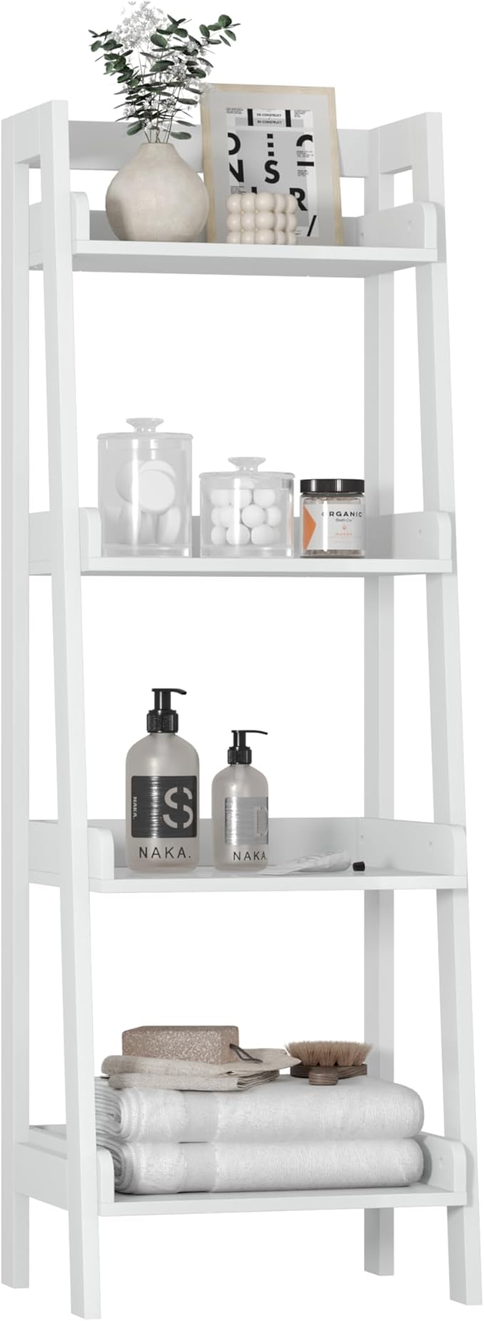 UTEX 4-Tier Ladder Shelf, Bathroom Shelf Freestanding, 4-Shelf Spacesaver Open Wood Shelving Unit, Ladder Shelf (White)
