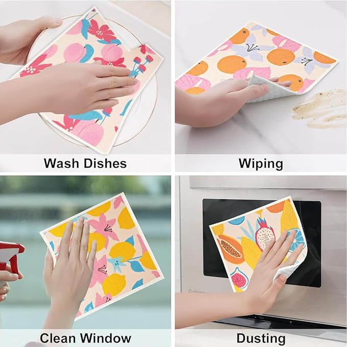 6 - Pack Swedish Kitchen Dish Cloths - Reusable Paper Towels for Counters & Dishes - Eco Friendly Cellulose Sponge Cloth - Assorted (Fruit Plants)