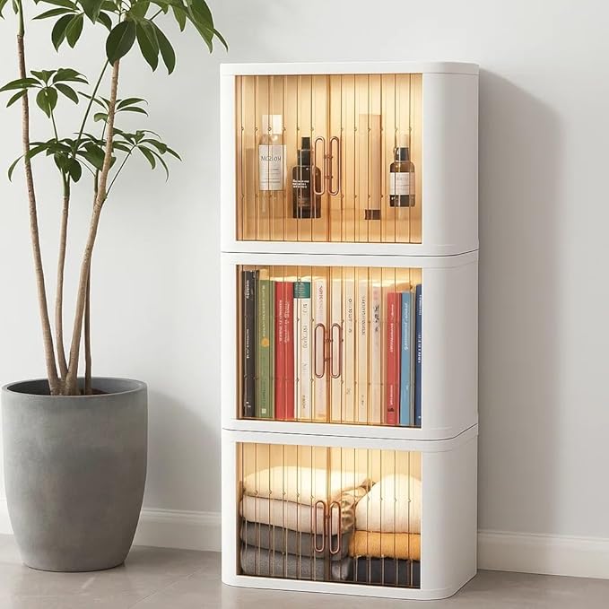 Storage Bins with Lids and Doors Stackable Plastic Pantry Cabinet Cupboard Storage Cabinet with Wheels Organizer for Bedroom, Bathroom, Office, Kitchen – Modern Freestanding Storage Unit, White