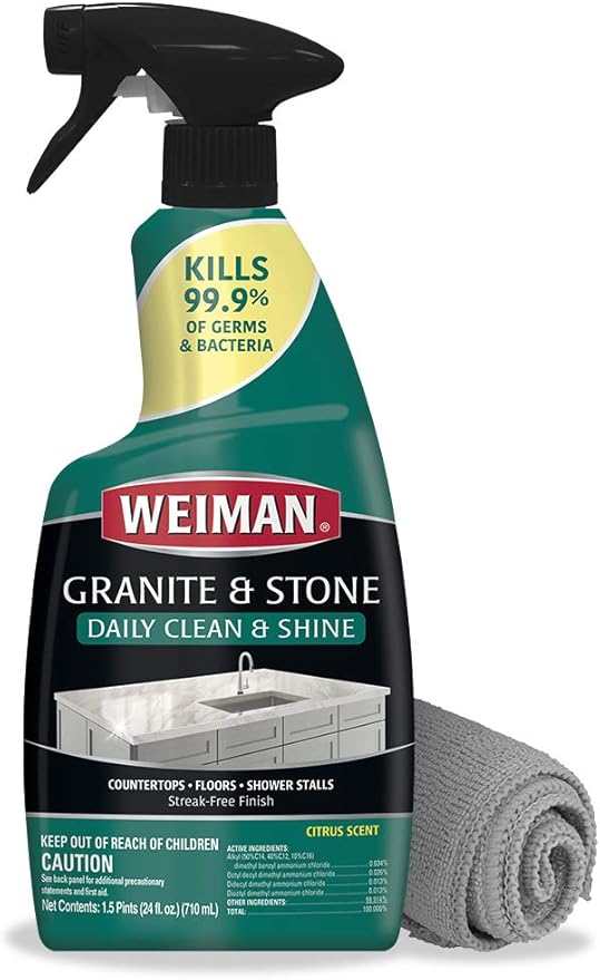 Weiman Disinfectant Granite Cleaner and Polish With Microfiber Cloth - Safely Clean Disinfect and Shine Granite Marble Soapstone Quartz Quartzite Slate Limestone Corian Laminate Tile Countertop
