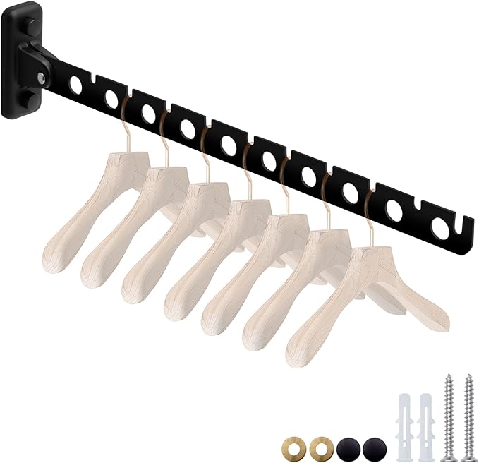 ACNISM Wall Mounted Clothes Rack, Laundry Room Hanging Rack, Retractable & Foldable Drying Rack with 180° Rotation, Space-Saver for Laundry Room & Bedroom, Bathroom Closet Storage, 1-Pack, Black