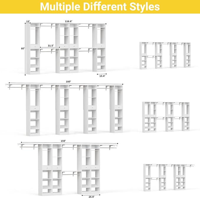 Unikito 10-15FT Closet Systems, Large Wood Walk in Closet Organizer with Hanging Rods and Drawers, Heavy Duty Closets Wardrobe with Shoe Rack, Sturdy Reversible Clothes Closet Kit, White, Set of 2