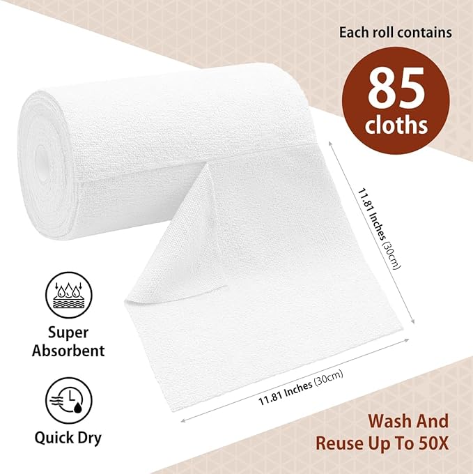 H4N Microfiber Cleaning Cloth Roll, 85 Pack Tear Away Towels, Lint Free, Absorbent, Streak Free, Non-Abrasive, Reusable and Washable Dish Rags for Car and Household Supplies, 11.81x11.81 Inches, White