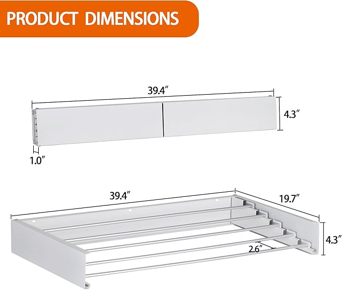FOCHIER F Laundry Drying Rack Wall Mounted Clothes Drying Rack Foldable with 5 Aluminum Rods and Drilling Template Long Screwdriver Bit 60 lbs Capacity (White, 40")