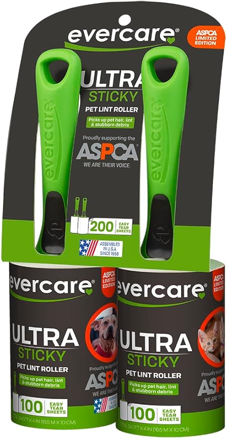 Evercare Pet Hair Lint Rollers All Purpose Use 100 Easy-Tear Sheets Per Roll Reusable Sticky Roller Pets Cat & Dog Hair Remover Contoured Handle For Furniture Clothing & Cars, Set of 2, Green