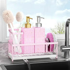 Cisily Dish Soap Dispenser, 12 fl oz Kitchen Soap Dispensers with Sponge Holder, Gold and Silver Pump Pink Glass Kitchen Soap Dispenser Set, Hand and Dish Soap Bottle Set, Pink Decor Accessories