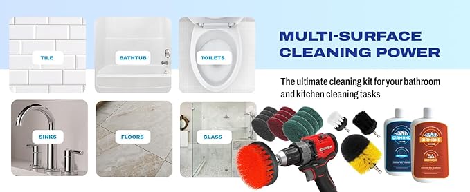 Complete Hard Water Stain Drill Cleaning Kit – 20 Piece Diamond Shine Set with Drill Brushes, Bucket & lid, Scouring Pads & Cleaner for Tile, Bathroom, Hard Water, Shower Glass & Chrome