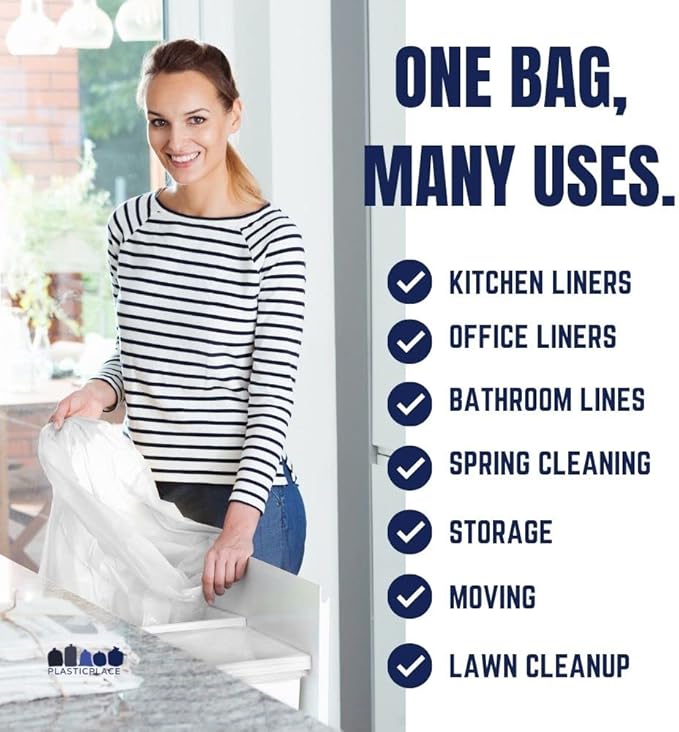 Plasticplace - WHT14HVY 12-16 Gallon Trash Bags │ 1.0 Mil │ White Tall Garbage Can Liners │ 24" x 31" (250 Count) White