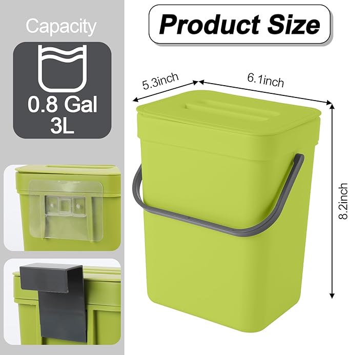 Compost Bin Kitchen, Bring 5 Rolls (100) of Garbage Bags, for Use on Countertops or Under Sinks, Hanging Trash Can with Lid, for Cupboard/Bathroom/Bedroom/Office/Camping(Green 0.8 Gallon/3L)