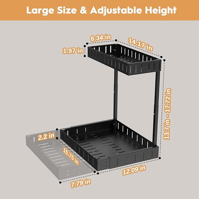 REALINN Under Sink Organizer, 2 Tier Expandable Under Cabinet Organizer, Heights Adjustable Pull Out Storage for Kitchen Bathroom Laundry, Black, 1 Pack