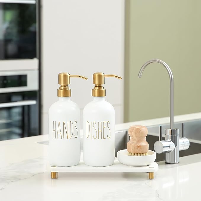 MOMEEMO Gold Soap Dispenser Set Comes with Stainless Steel Pumps, Instant Dry Tray, and Dish Scrub Brush, Suitable for Kitchen Decor and Accessories. (Gold)