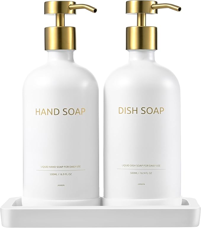Glass Soap Dispenser Set with Ceramic Tray, 16.9 floz Hand and Dish Soap Dispenser for Bathroom Decor, White and Gold Kitchen Accessories (White Bottles + Gold Pumps)
