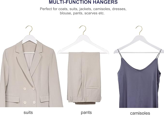 Amber Home 30 Pack White Wooden Coat Hangers with Gold Hook, White Wood Suit Hangers with Non-Slip Pant Bar, Clothes Hangers for Closet Organization, Shirts, Jackets, Dresses and Pants (White+Gold,30)