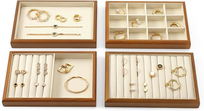 Oirlv Solid Wood Multifunctional Ring Earrings Studs Bangle Jewelry Organizer Tray Jewelry Drawer Organizer(Creamy-white)