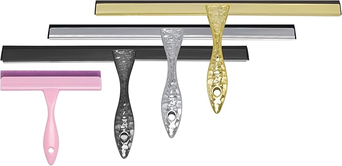 All-Purpose Silicone Shower Squeegee for Shower Glass Door,with 1 Hooks,for Bathroom Glass, Car, Tile Wall, Mirror Cleaning - Flower Shaped Handle for Easy-Grip 14 Inch Silver