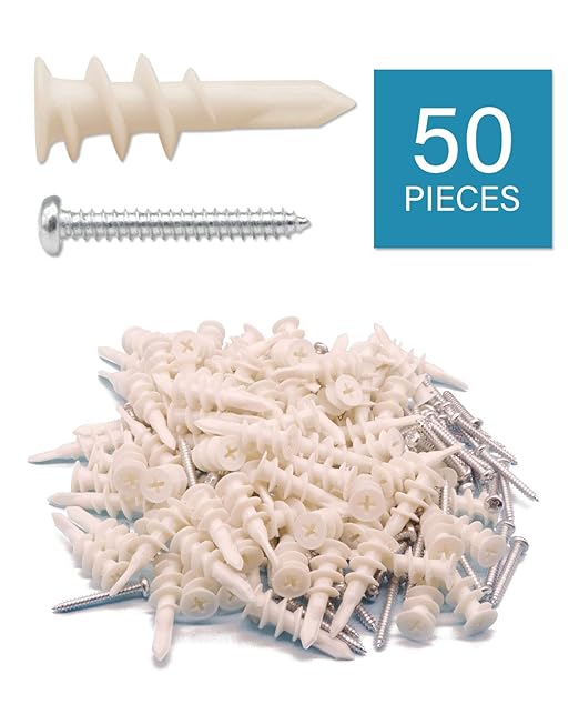 50pcs Plastic Self-Drilling Drywall Anchors, #8 Wall Anchors and Screws Kit, 25Pcs Self-Tapping Anchors & 25Pcs #8 x 1-1/4'' Pan Head Screws, Holds 50LBs, for Hanging and Mounting | by IMSCREWS