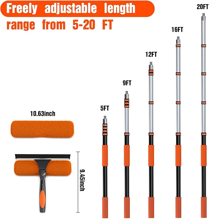 26FT Window Squeegee with Extension Pole, 2-in-1 Squeegee for Window Cleaning, Professional Cleaning Kit for Home with 20FT Telescoping Pole for Outdoor Indoor Use