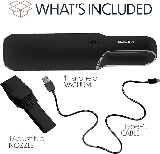 STARUMENT Portable Hand Vacuum Cleaner Handheld Cordless Cleaner for Dust Pet Hair Dirt Home Car Interior Lightweight, Easy to Use, Compact Design Battery Rechargeable with USB-C Cable - Black