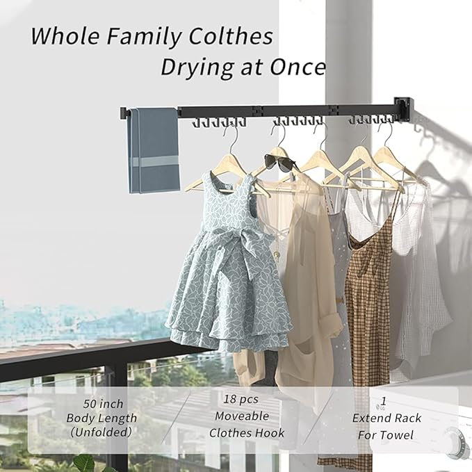 PLKO Retractable Clothes Drying Rack,Wall Mounted Clothes Hangers， Space Saver Laundry Drying Rack for Balcony,Laundry,Bathroom,Patio and Bedroom (3-Pole Black)