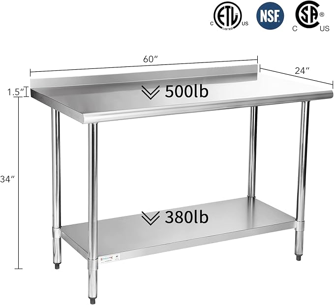 STABLEINK NSF Stainless Steel Table, 24 x 60 Inches 5ft Metal Prep & Work Table with Backsplash, Adjustable Undershelf and Table Foot, for Commercial Kitchen, Restaurant (Without Caster Wheels)