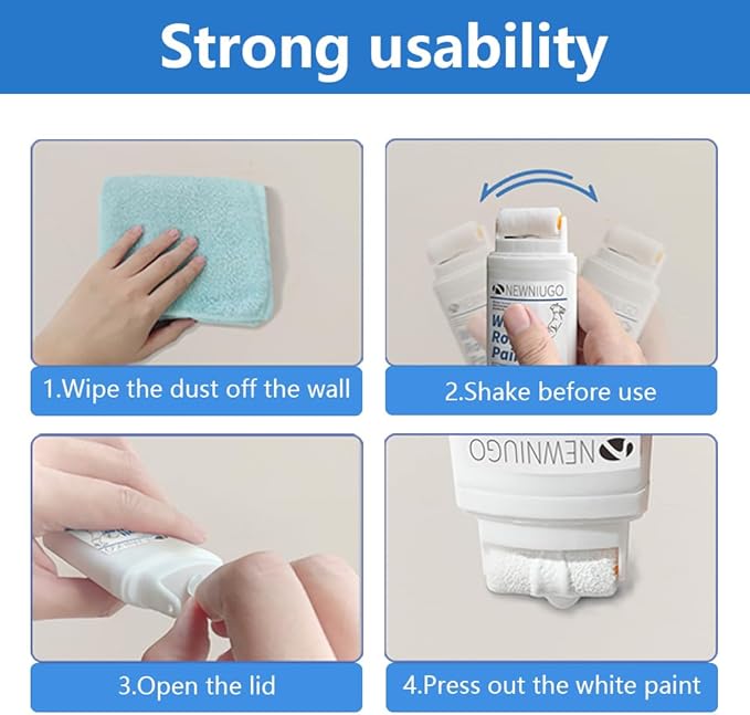 White Paint，White Wall Rolling Paint Repair Tool, Portable Wall Coating, Paint Roller Brush, Used for Easy Repair of Wall Graffiti and Other Wall Stains, Water-Based (200g, White)
