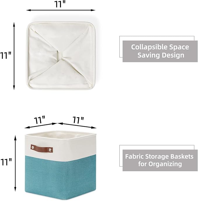 HNZIGE Fabric Storage Cube Bins Baskets for Organizing, 11 inch Cube Storage Baskets, Set of 4, Collapsible Storage Baskets with Handles, Closet Organizers Storage Home Toy Nursery room(White Teal)