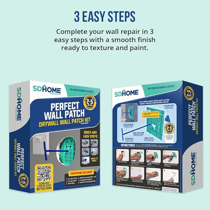 Drywall Repair Kit by SD Home, Fix Large Holes Fast, Wall Plate, 2 Patch Dry Compound Bags, Sanding Block & Trowel, Perfect Drywall Hole Patch Solution, Quick & Easy Filler, Wall Putty, Spackle Paste