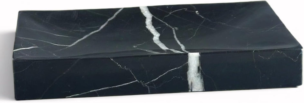 Natural Marble Soap Dish for Shower with Silicone Non-Slip Feet, Stone Drying Tray, Bar Soap Saver, Holder Container for Bathroom Decor Accessories(Black Marquina, Rectangular)