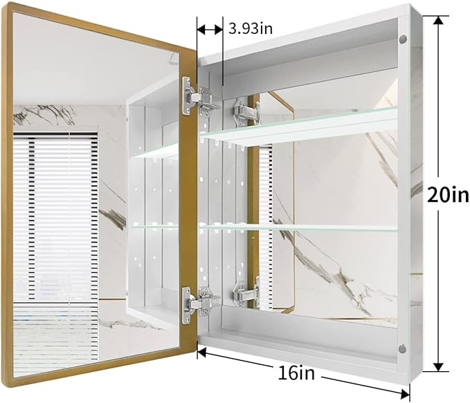 16x20 Inch Bathroom Medicine Cabinet with Gold Framed Mirror – Recessed or Surface Mount Storage Cabinet, Single Door Rustic Farmhouse Design